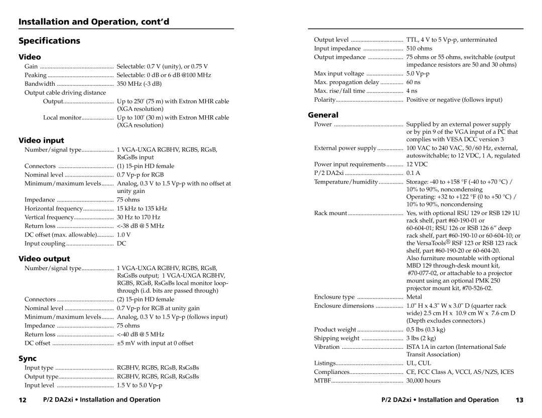 Extron electronic P/2 DA2XI user manual Installation and Operation, cont’d Speciﬁcations 