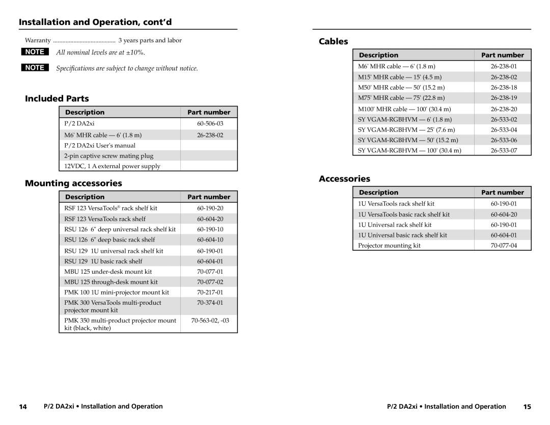 Extron electronic P/2 DA2XI user manual Included Parts, Mounting accessories, Cables, Accessories 