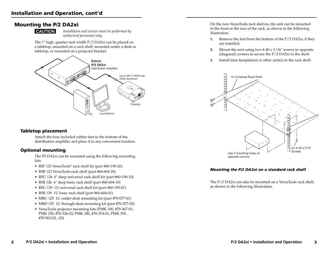 Extron electronic P/2 DA2XI user manual Installation and Operation, cont’d Mounting the P/2 DA2xi, Tabletop placement 