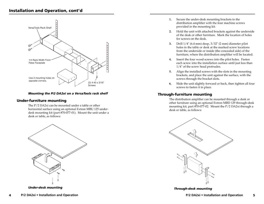 Extron electronic P/2 DA2XI Installation and Operation, cont’d, Under-furniture mounting, Through-furniture mounting 