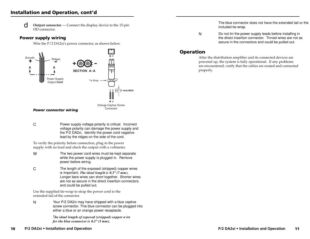 Extron electronic P/2 DA2XI user manual Operation, Power supply wiring 