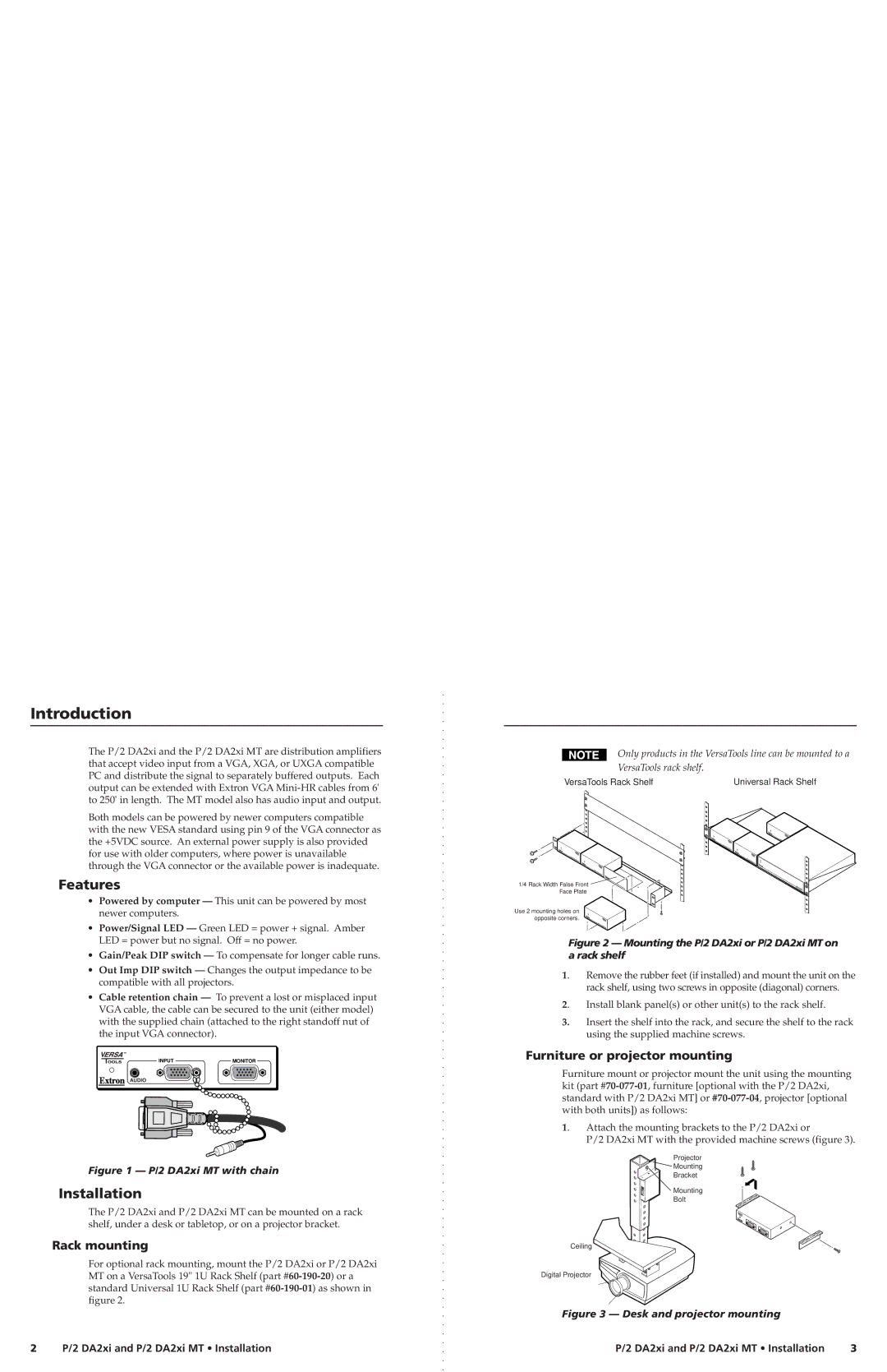 Extron electronic P/2 DA2XI Introduction, Features, Installation, Rack mounting, Furniture or projector mounting 