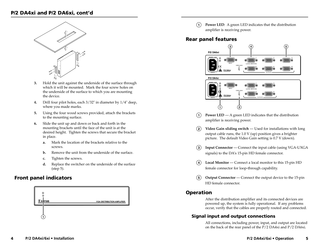 Extron electronic P/2 DA6XI Rear panel features, Front panel indicators, Operation, Signal input and output connections 