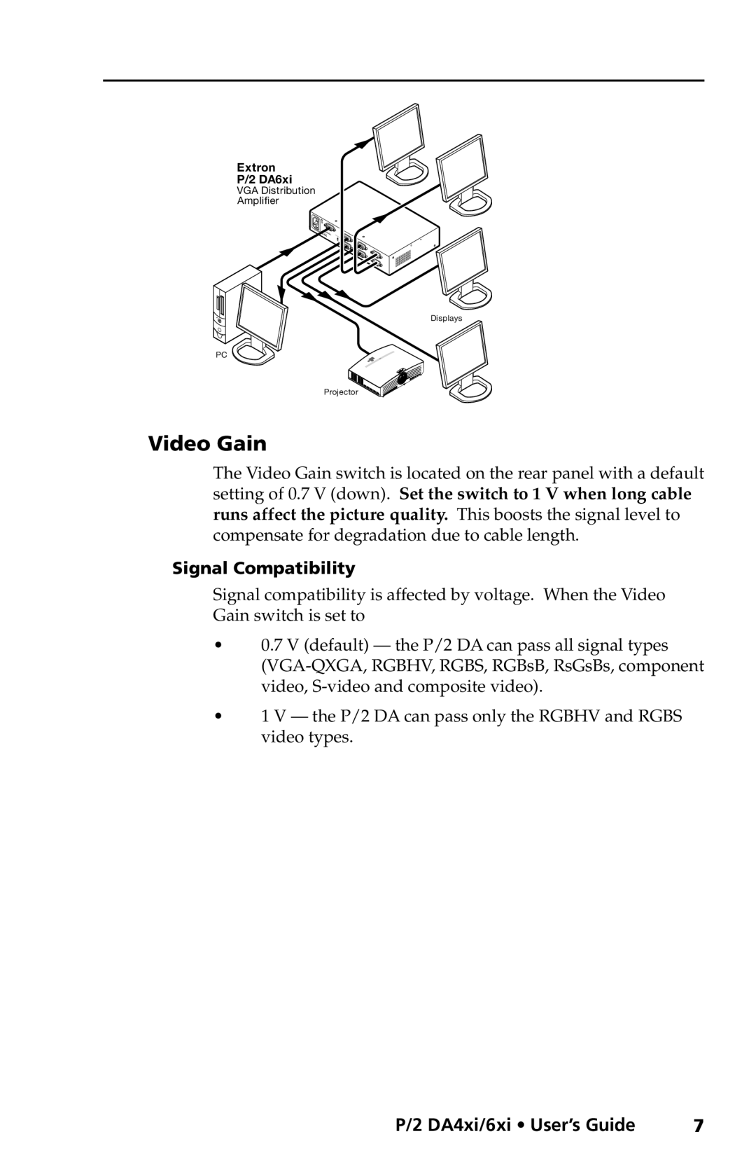 Extron electronic P/2 DA6XI, P/2 DA4XI manual Video Gain, Signal Compatibility 