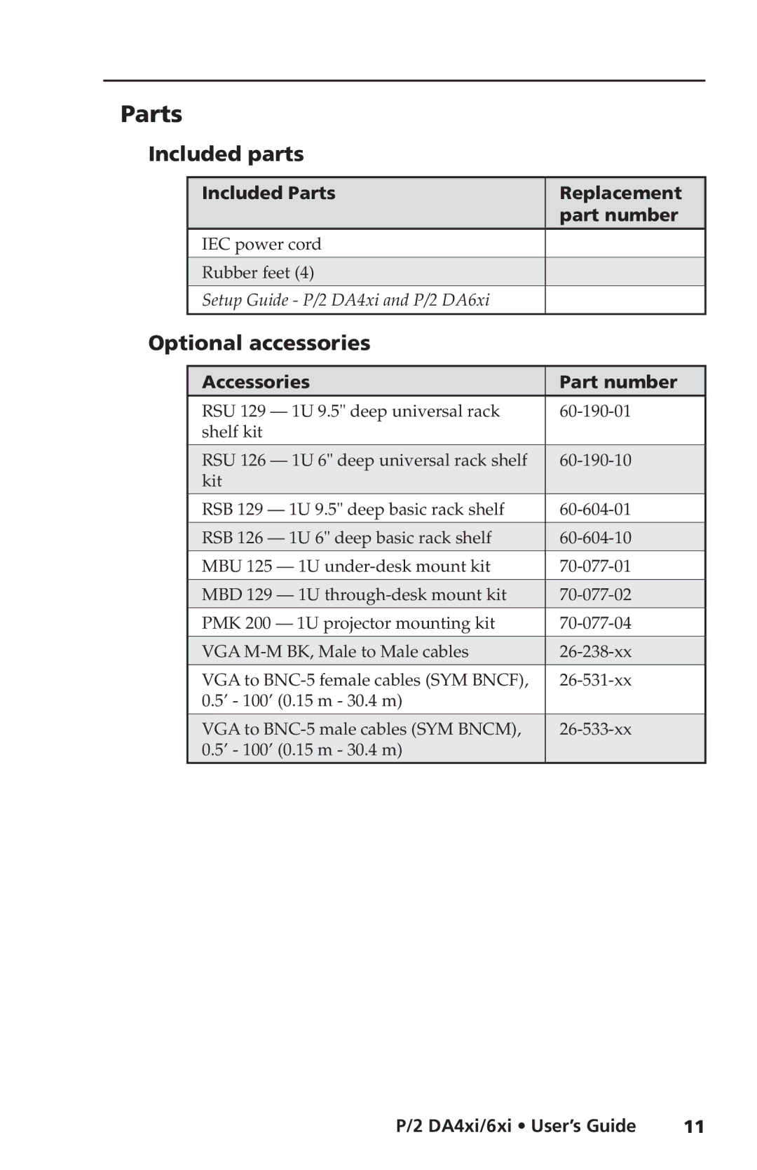 Extron electronic P/2 DA6XI, P/2 DA4XI manual Parts, Included parts, Optional accessories, IEC power cord Rubber feet 