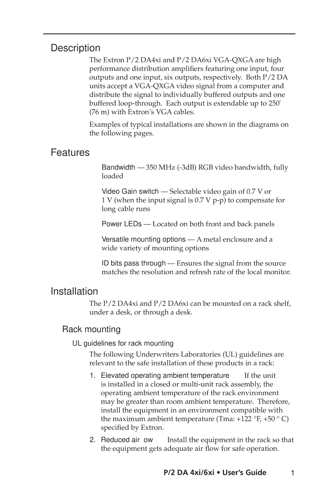 Extron electronic P/2 DA6XI, P/2 DA4XI Description, Features, Installation, Rack mounting, UL guidelines for rack mounting 