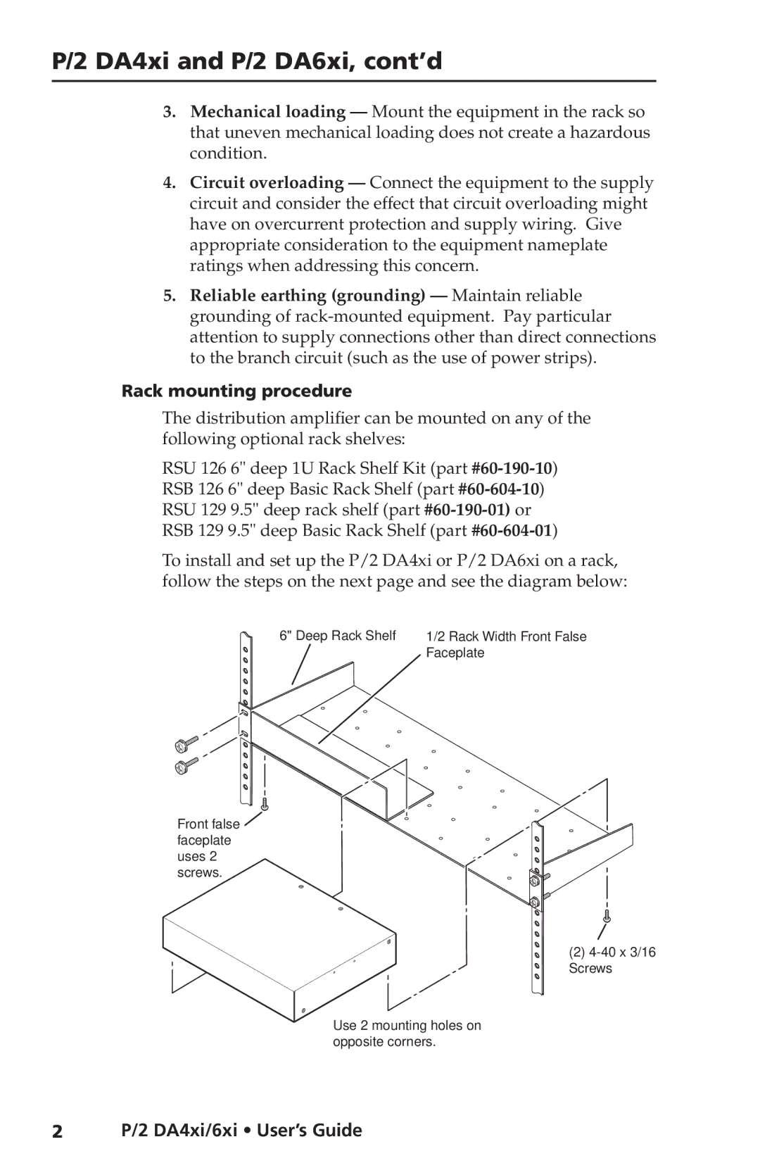 Extron electronic P/2 DA4XI, P/2 DA6XI manual DA4xi and P/2 DA6xi, cont’d, Rack mounting procedure 