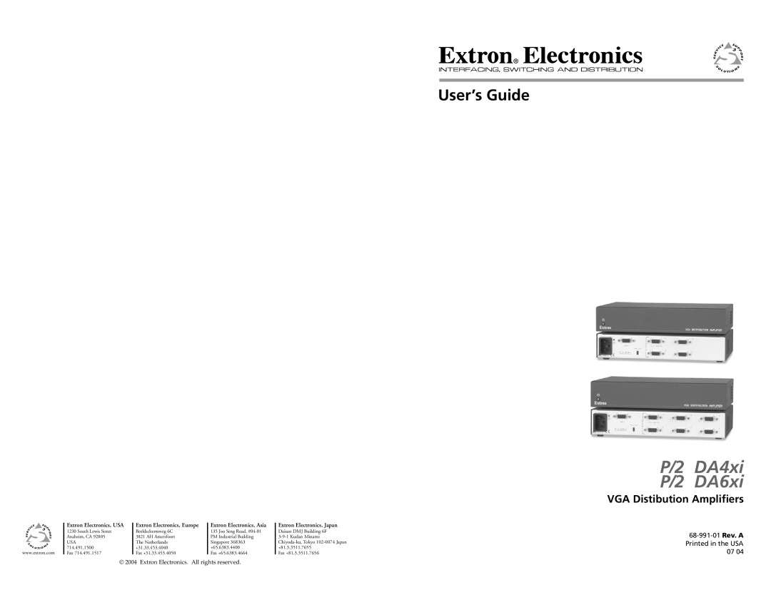 Extron electronic P/2 DA6XI manual VGA Distribution Amplifiers, P/2 DA4xi P/2 DA6xi, User’s Guide, 68-991-01, Rev. D 