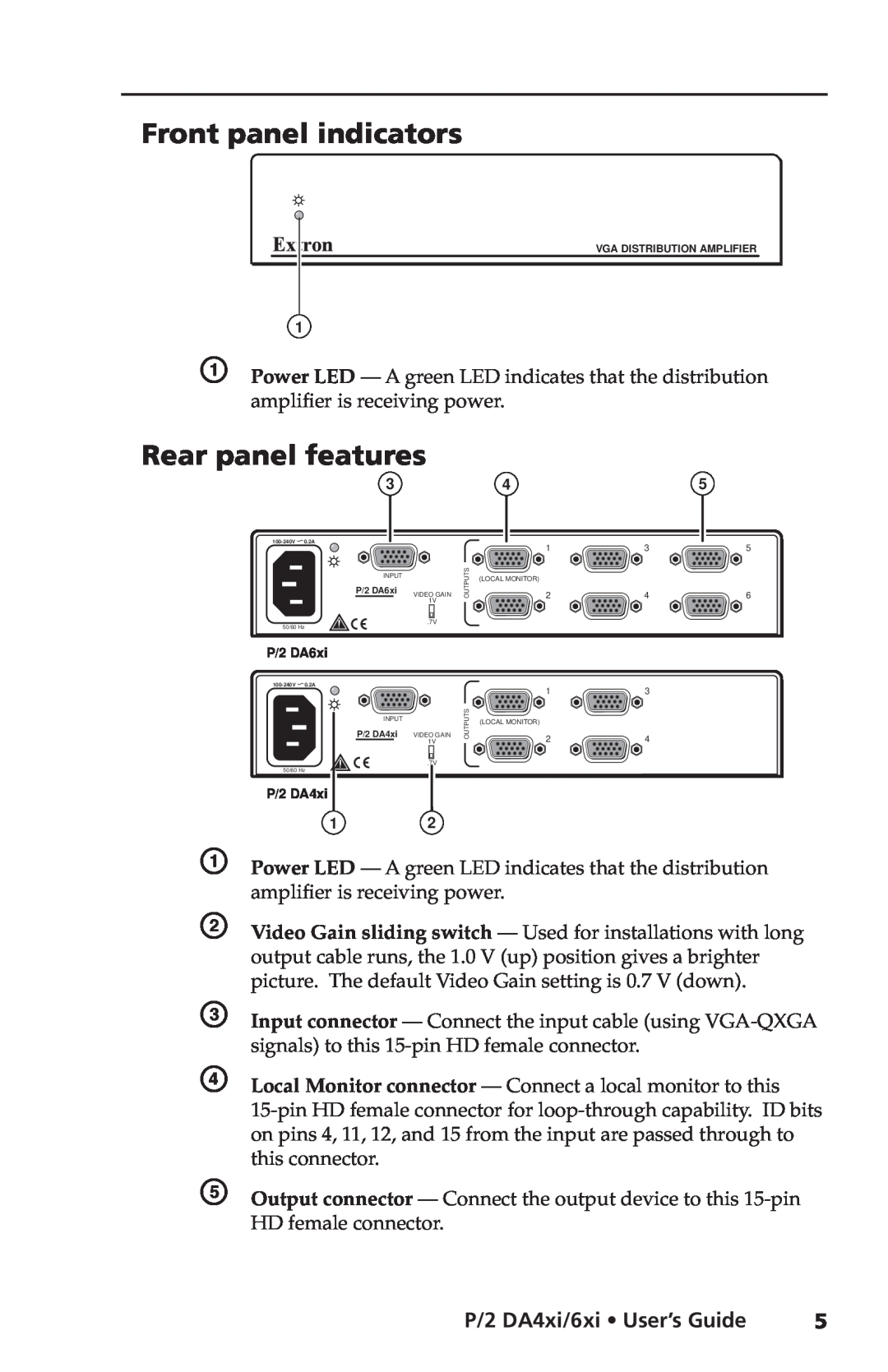 Extron electronic P/2 DA6XI Front panel indicators, Rear panel features, P/2 DA4xi/6xi User’s Guide, P/2 DA6xi, Outputs 