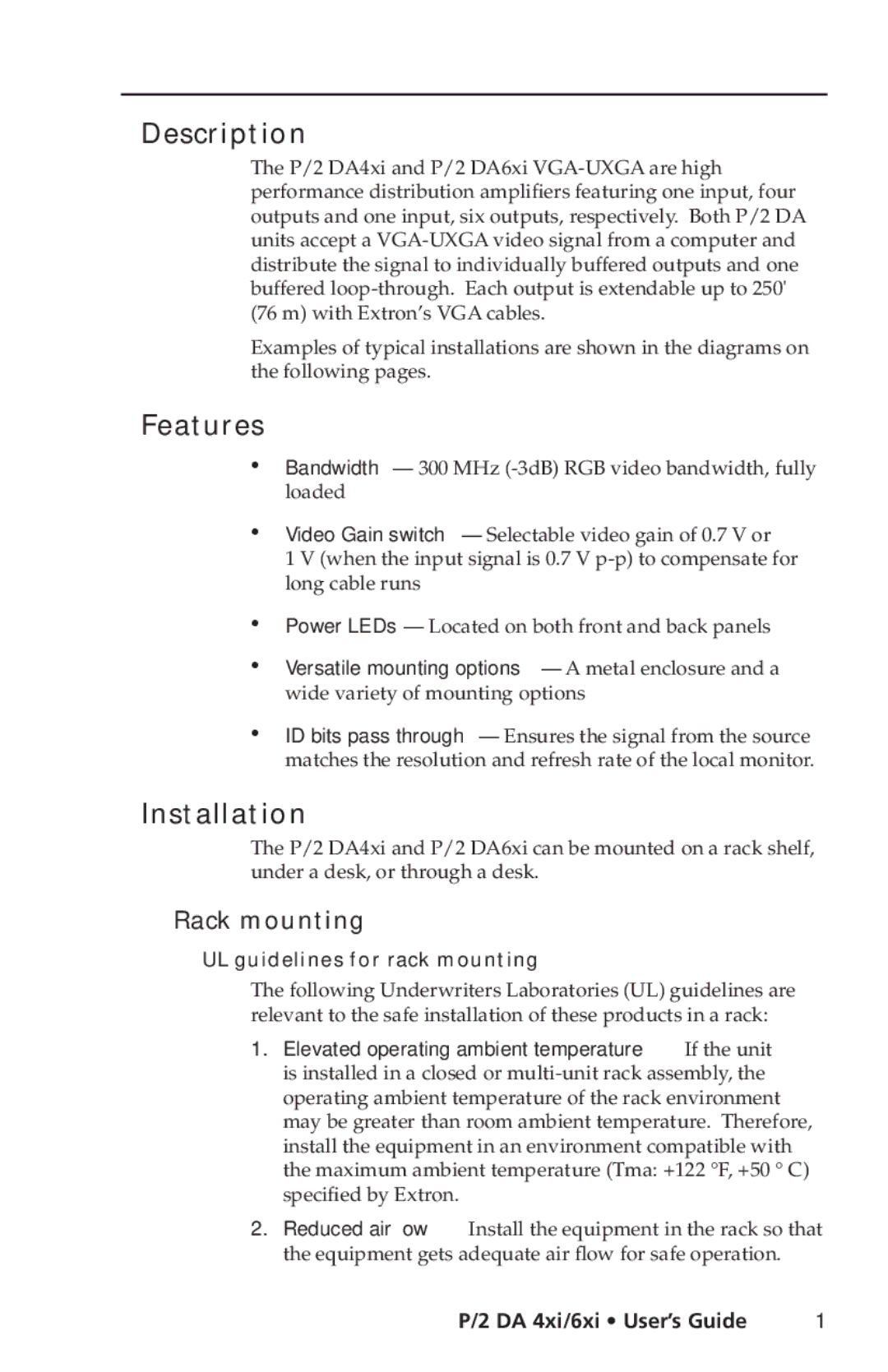 Extron electronic P/2 DA4xi s manual Description, Features, Installation, Rack mounting, UL guidelines for rack mounting 