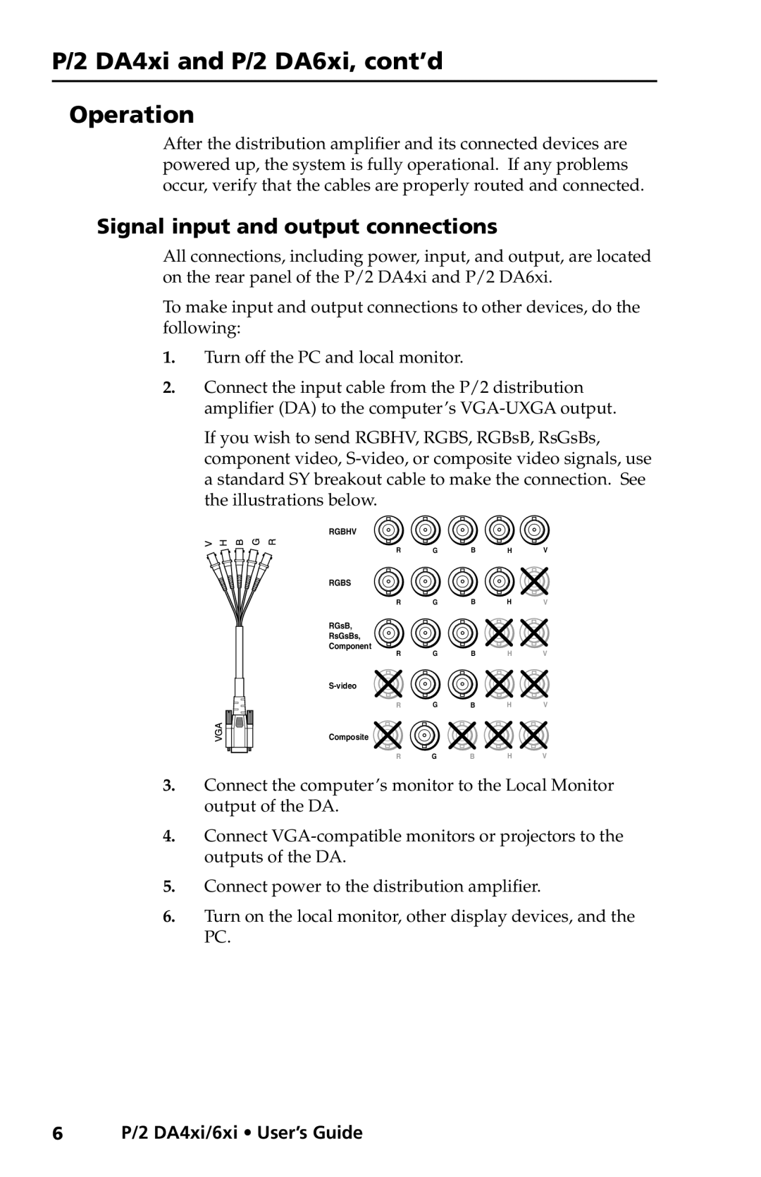 Extron electronic P/2 DA6xi s, P/2 DA4xi s Operation, Signal input and output connections, 6P/2 DA4xi/6xi User’s Guide 