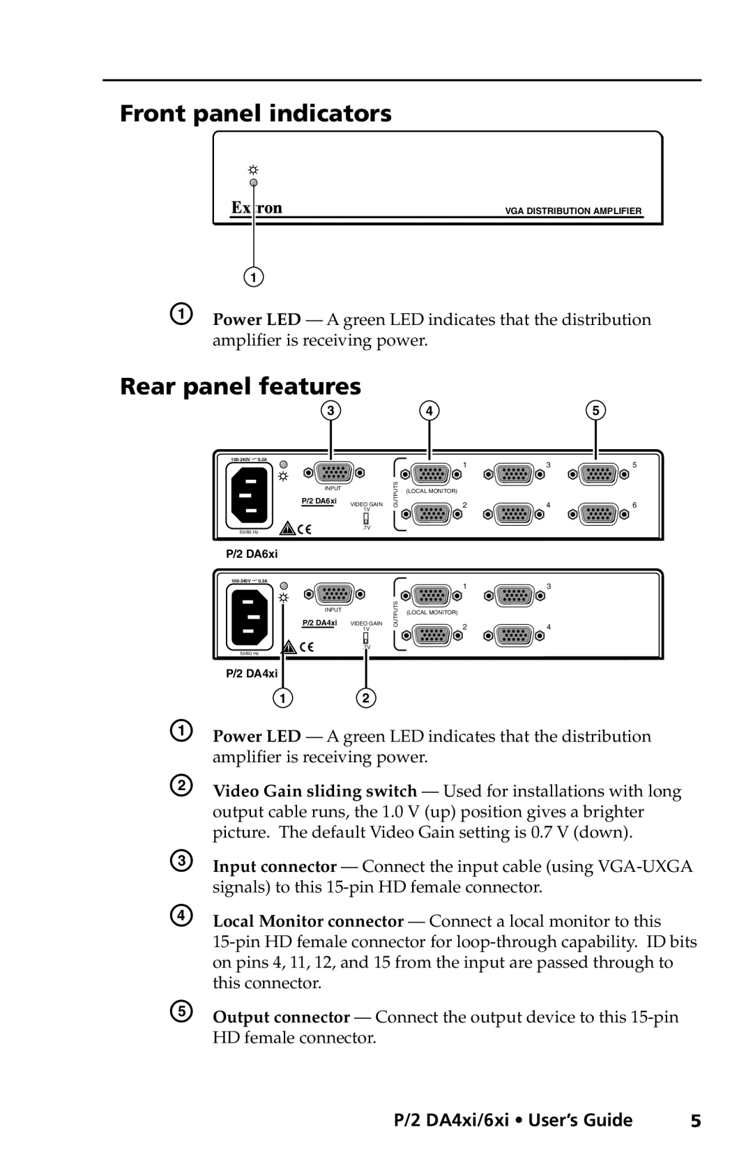 Extron electronic P/2 DA4xi s Front panel indicators, Rear panel features, P/2 DA4xi/6xi User’s Guide, P/2 DA6xi, Outputs 
