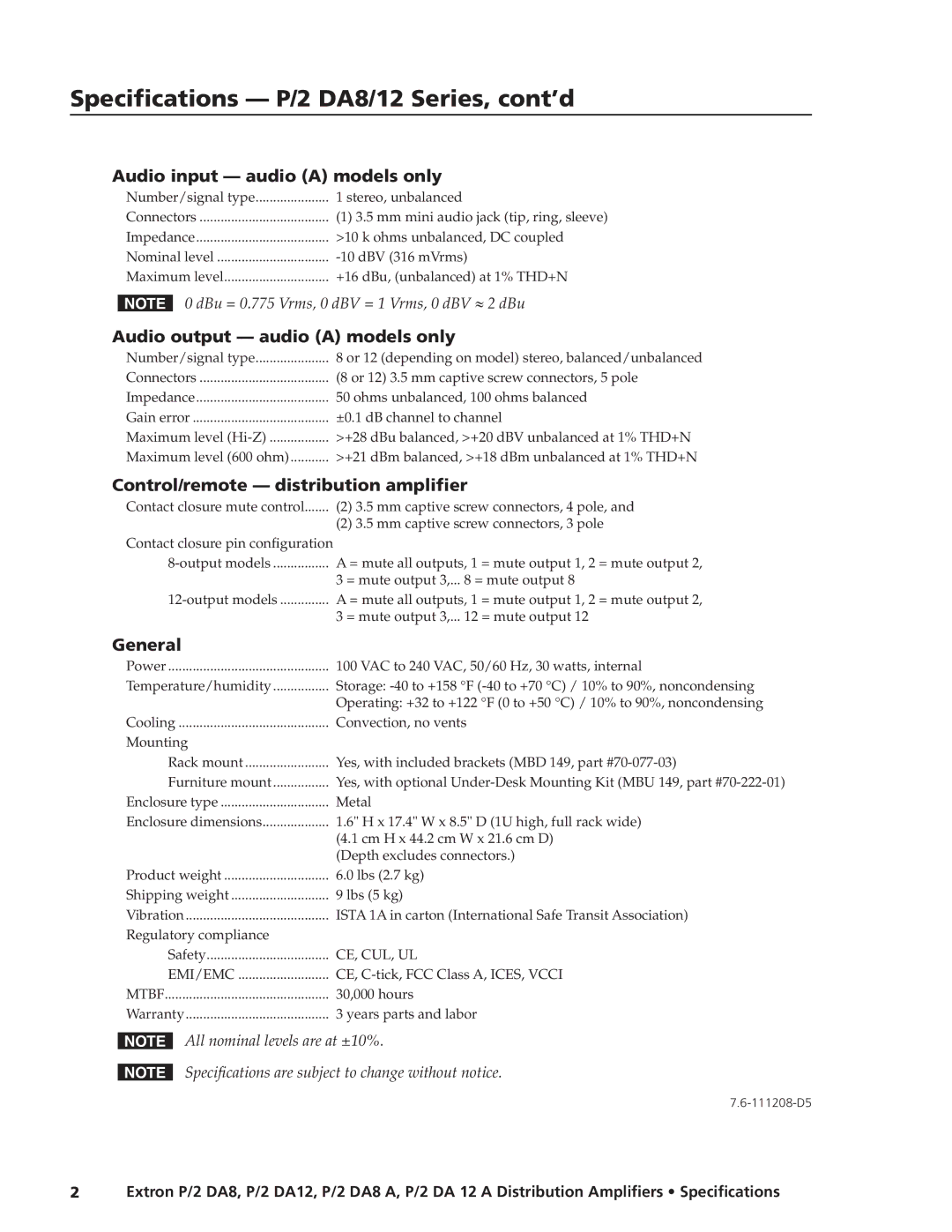 Extron electronic P/2 DA8 A, P/2 DA 12 A Audio input audio a models only, Audio output audio a models only, General 