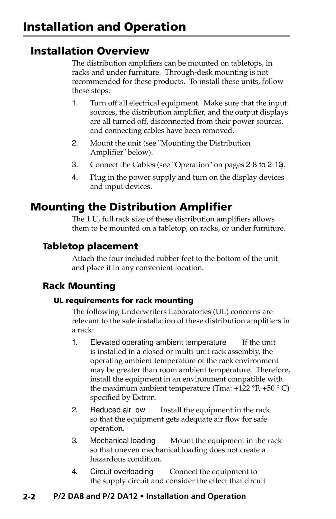 Extron electronic P/2 DA8 Installation and Operation, Installation Overview, Mounting the Distribution Amplifier 