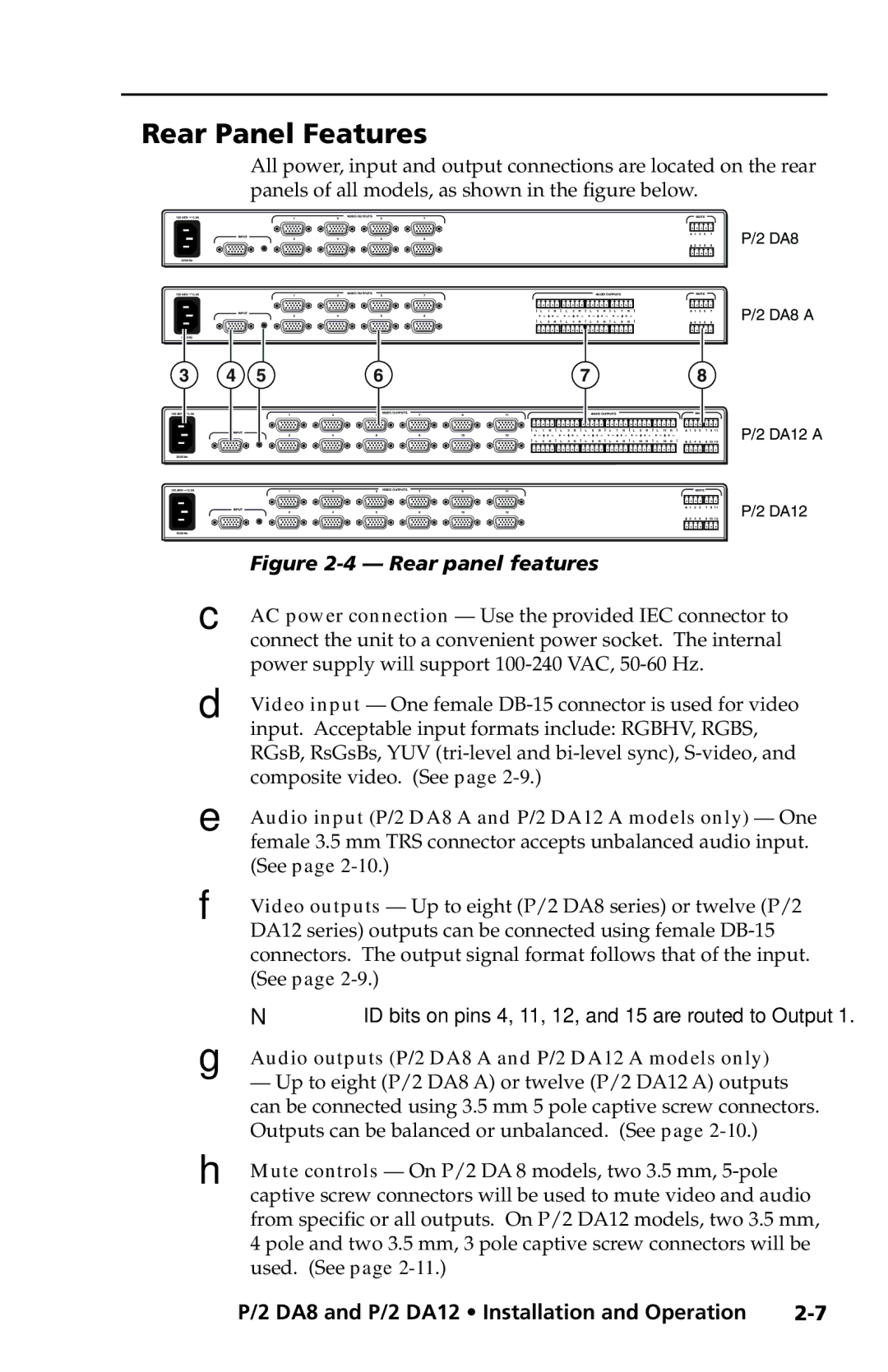 Extron electronic P/2 DA12 Series, P/2 DA8 user manual Rear Panel Features, See 