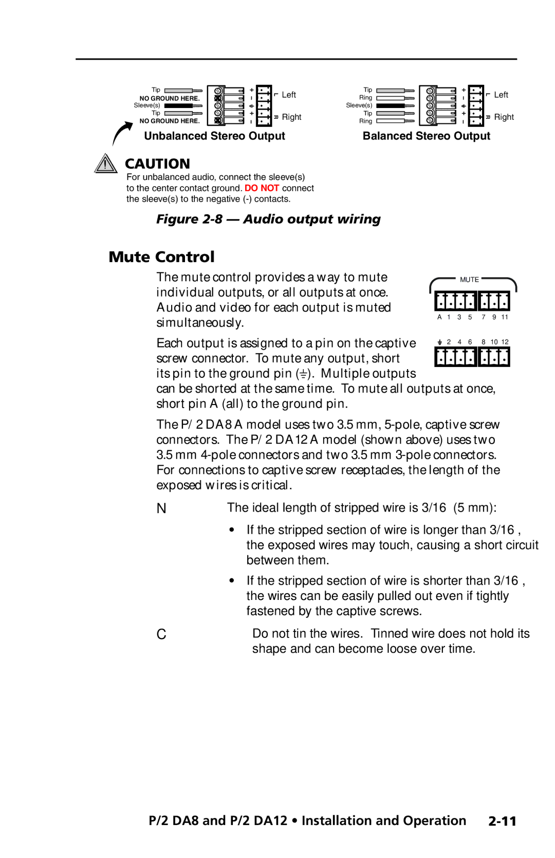 Extron electronic P/2 DA12 Series, P/2 DA8 user manual Mute Control, Unbalanced Stereo Output 