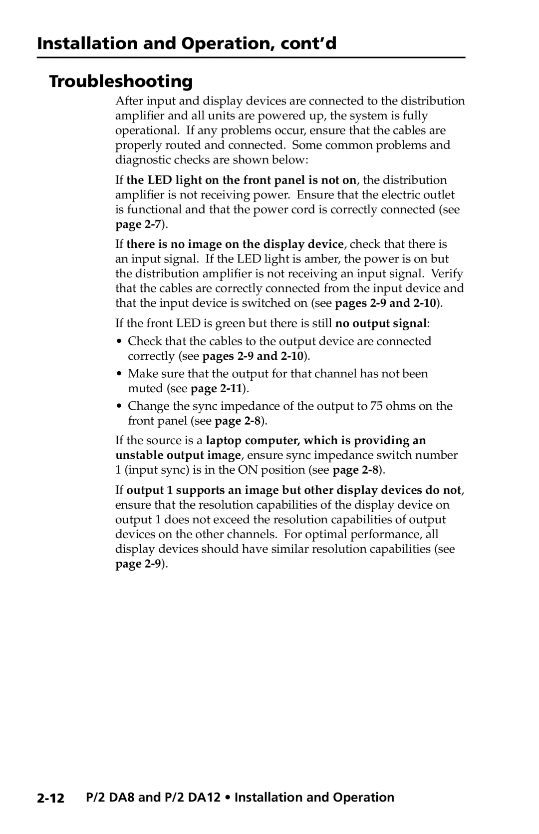 Extron electronic P/2 DA8, P/2 DA12 Series user manual Installation and Operation, cont’d Troubleshooting 