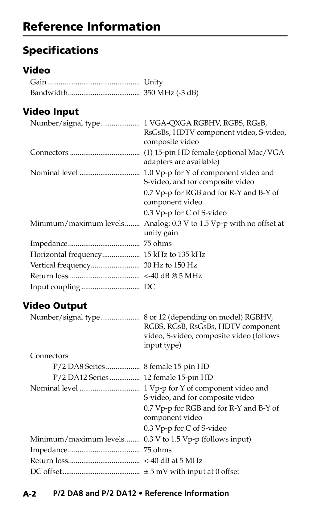 Extron electronic P/2 DA8, P/2 DA12 Series user manual Reference Information, Specifications, Video Input, Video Output 