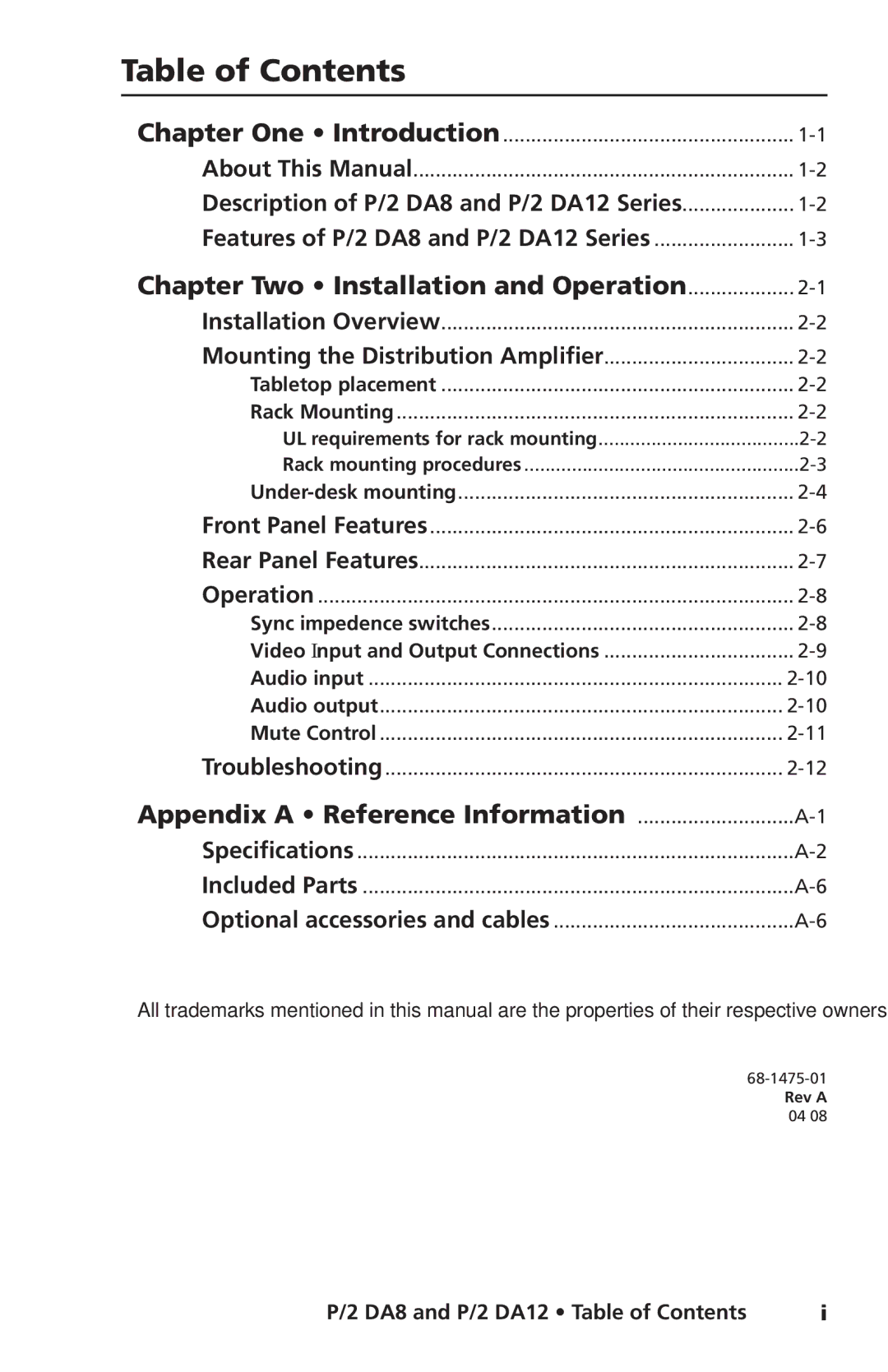 Extron electronic P/2 DA12 Series, P/2 DA8 user manual Table of Contents 