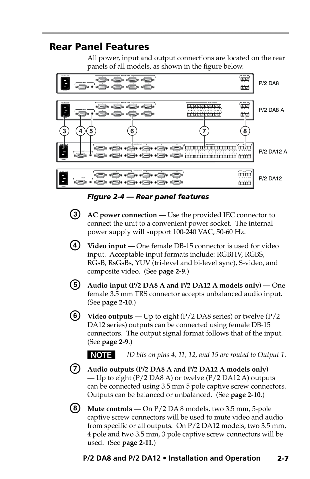 Extron electronic P/2 DA12 Series, P/2 DA8 user manual Rear Panel Features, 4- Rear panel features 