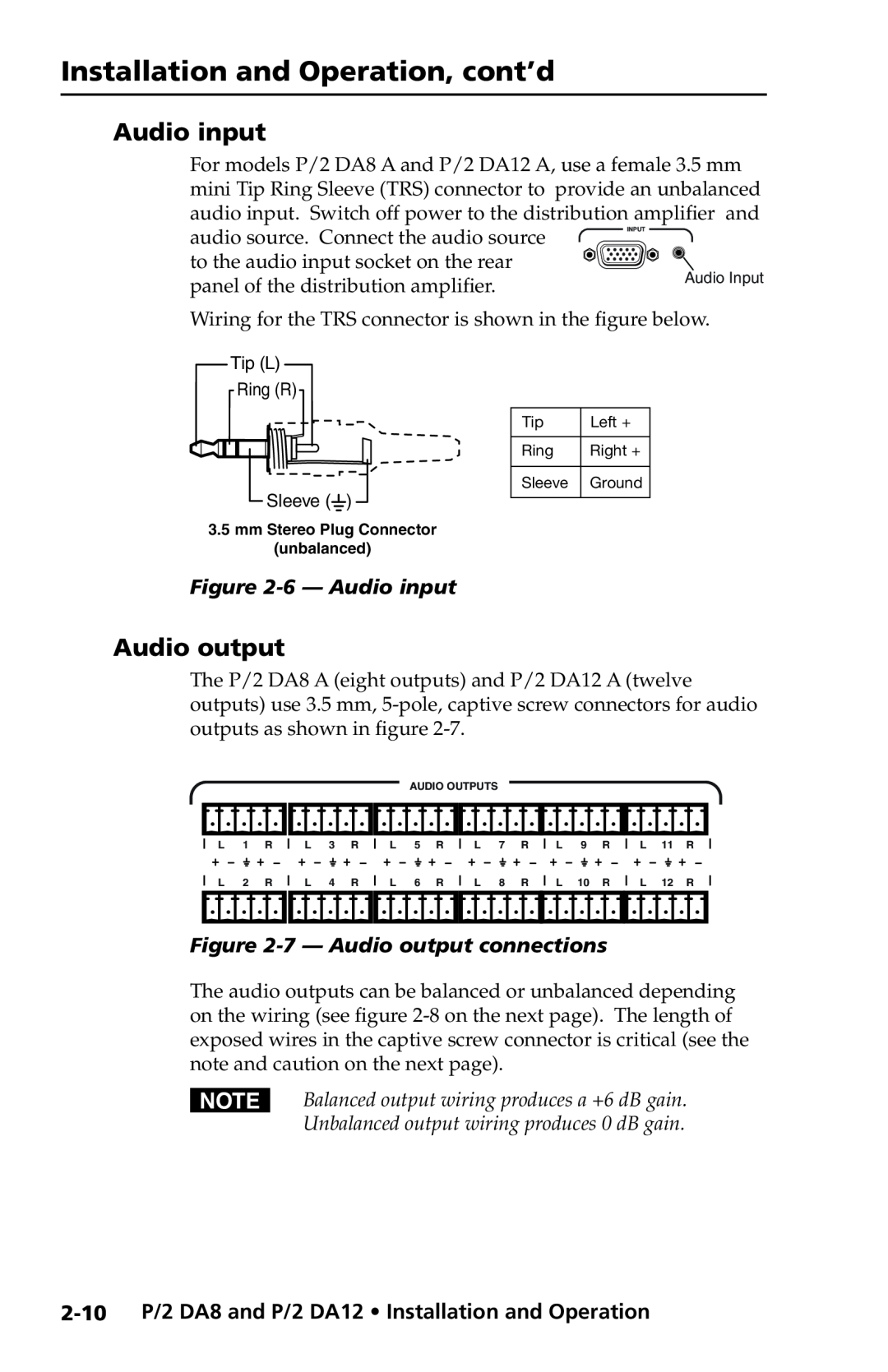 Extron electronic P/2 DA8 6- Audio input, 7- Audio output connections, Installation and Operation, cont’d 