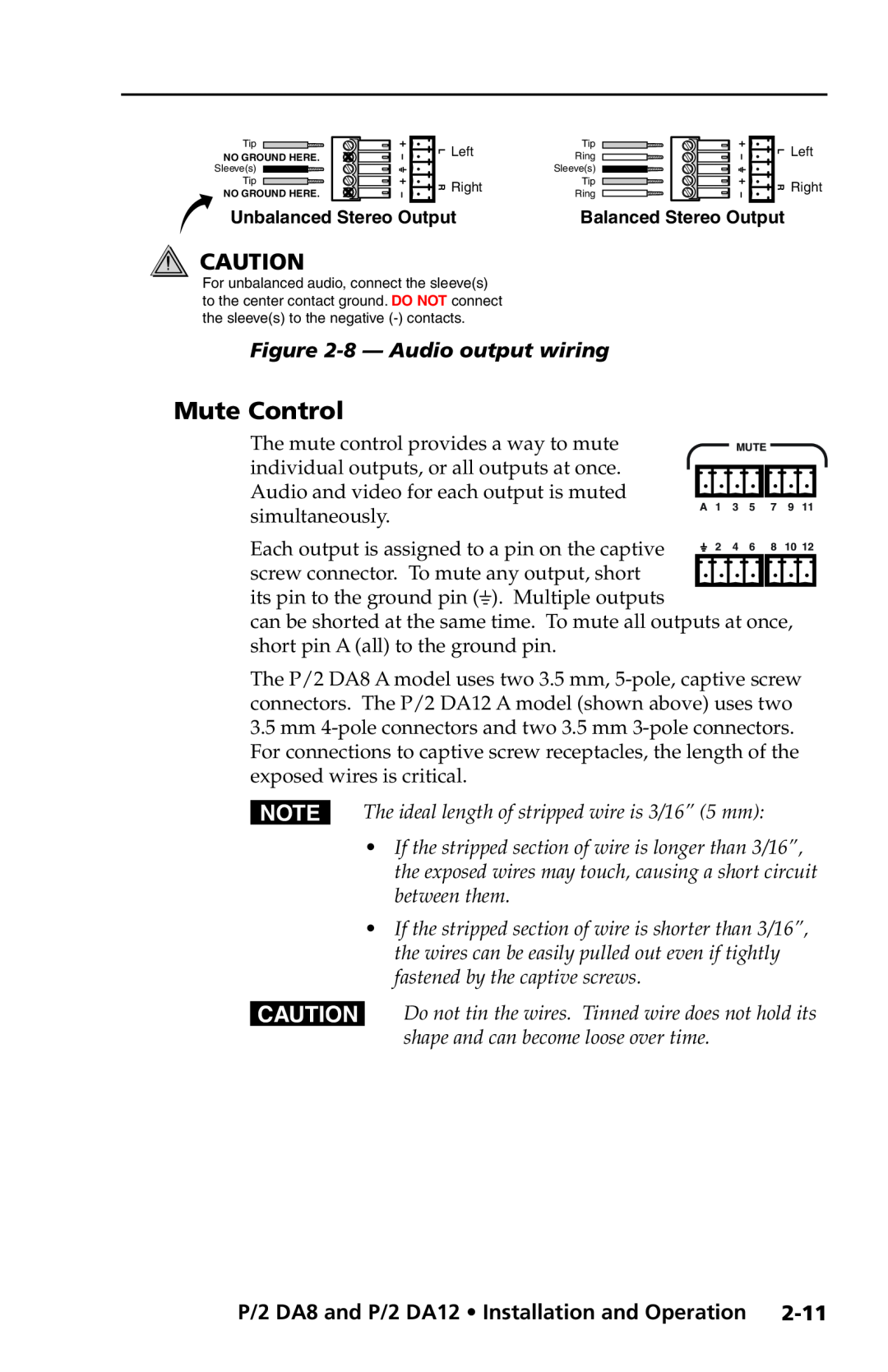 Extron electronic P/2 DA12 Series Mute Control, 8- Audio output wiring, P/2 DA8 and P/2 DA12 Installation and Operation 