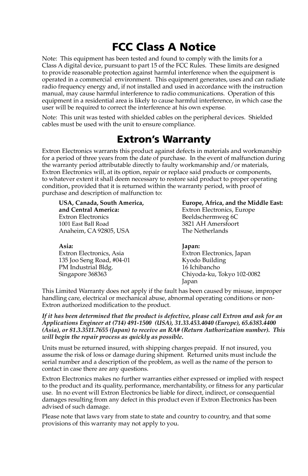 Extron electronic P/2 DA12 Series FCC Class A Notice, Extron’s Warranty, USA, Canada, South America, and Central America 