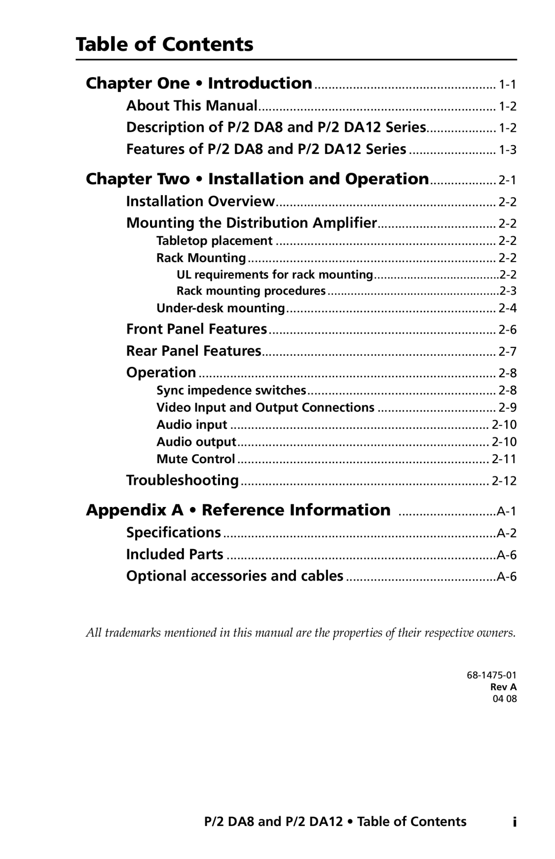 Extron electronic P/2 DA12 Series, P/2 DA8 user manual Table of Contents, Chapter Two Installation and Operation 