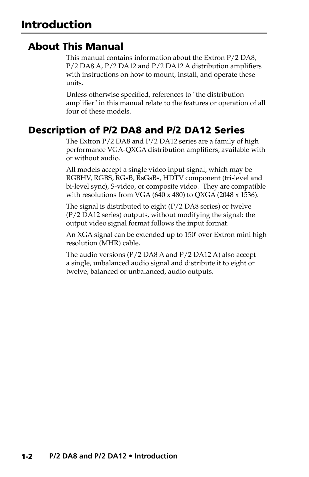 Extron electronic user manual Introduction, About This Manual, Description of P/2 DA8 and P/2 DA12 Series 