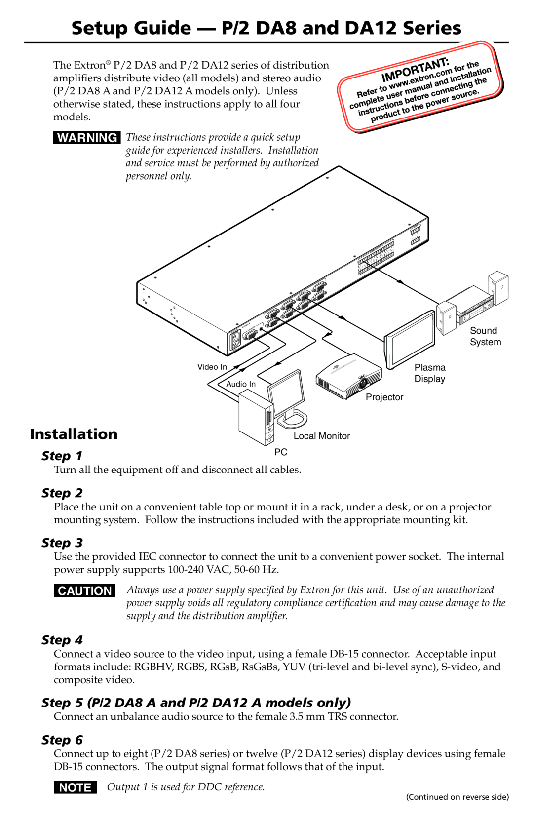 Extron electronic setup guide Installation, Step, P/2 DA8 A and P/2 DA12 A models only 