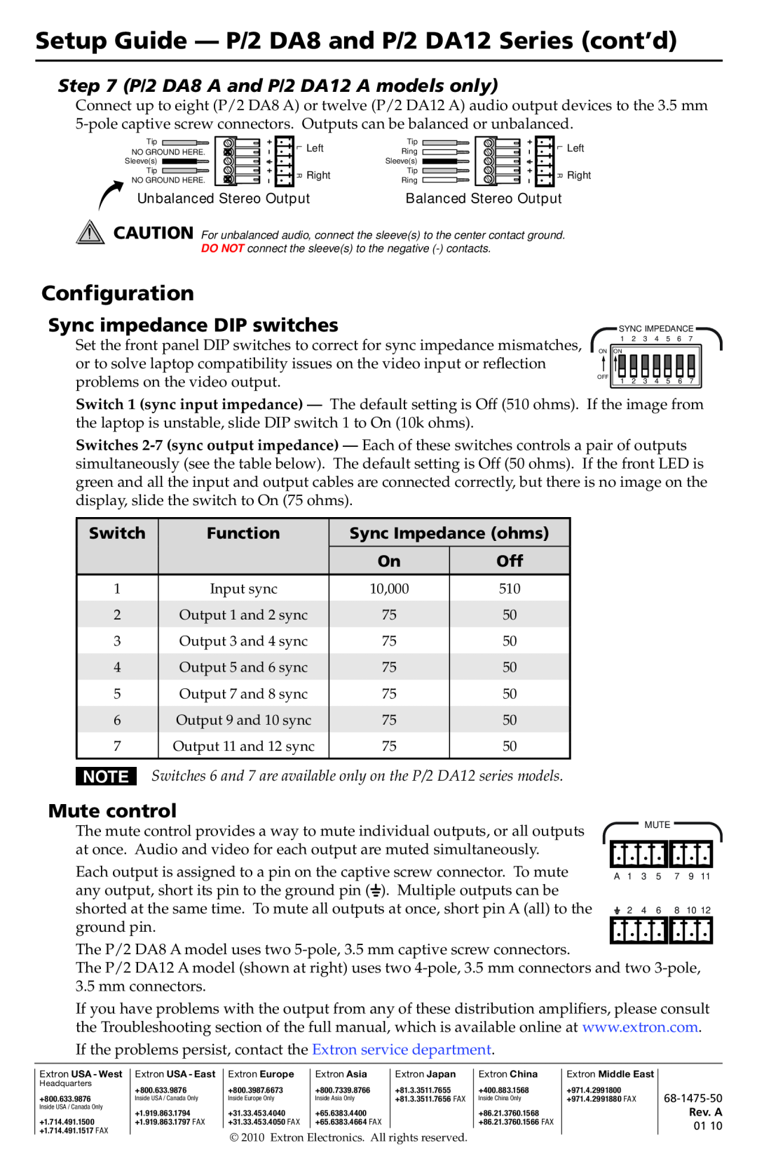 Extron electronic Configuration, P/2 DA8 A and P/2 DA12 A models only, Setup Guide -­P/2 DA8 and P/2 DA12 Series cont’d 