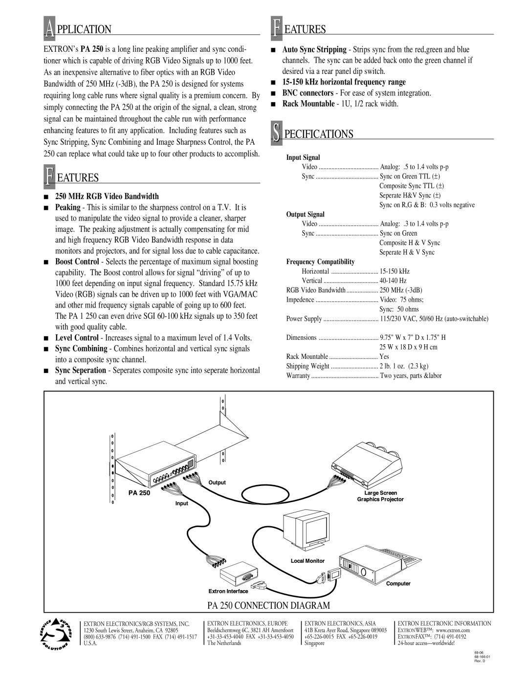 Extron electronic PA 250 manual Pplication, Eatures, Pecifications 