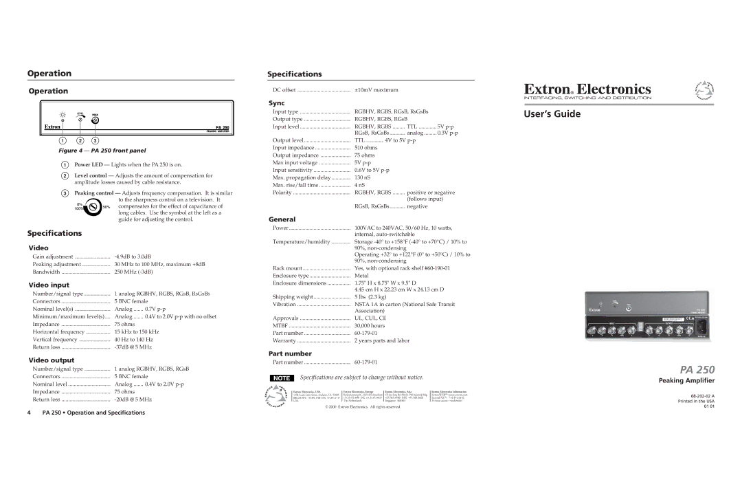 Extron electronic PA 250 specifications Operation, Specifications 