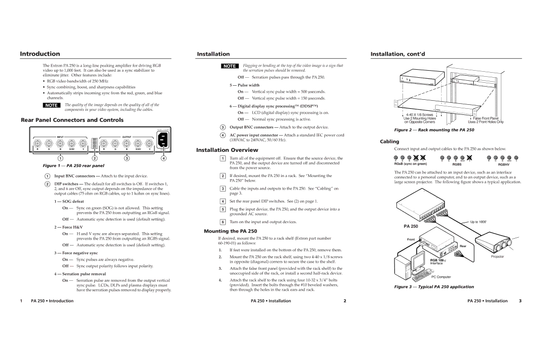 Extron electronic PA 250 specifications Rear Panel Connectors and Controls, Installation Overview, Installation, cont’d 