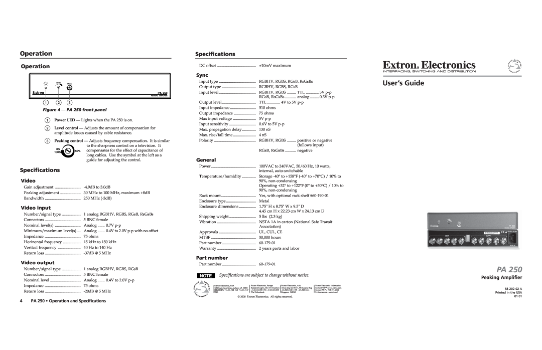 Extron electronic PA 250 specifications Operation, Specifications, Video input, Video output, Sync, General 