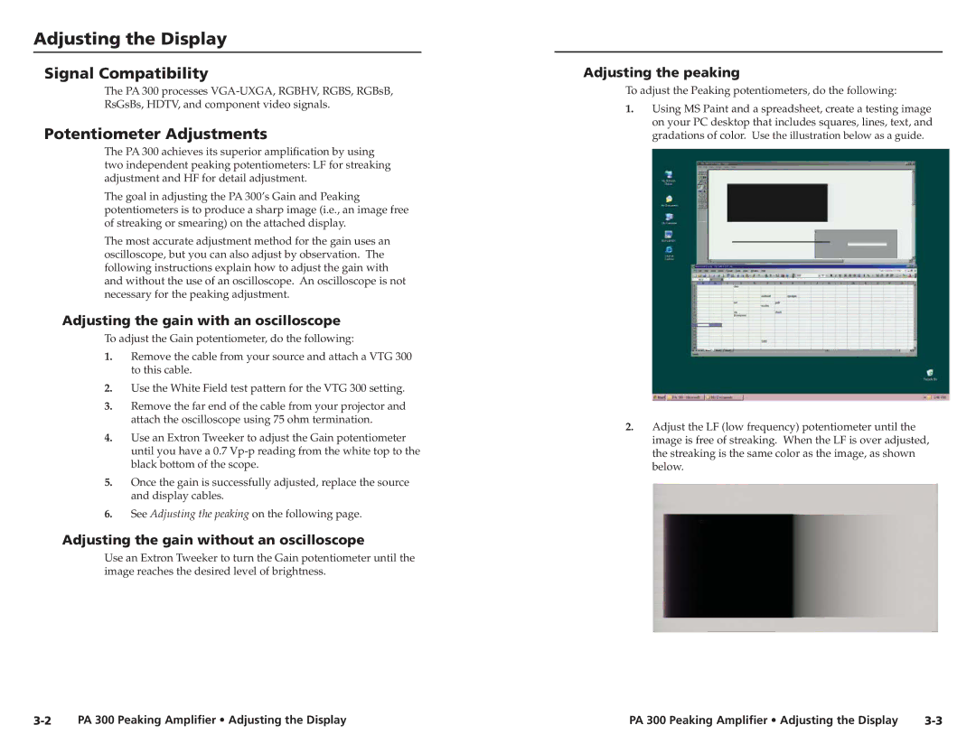 Extron electronic PA 300 user manual Adjusting the Display, Signal Compatibility, Potentiometer Adjustments 