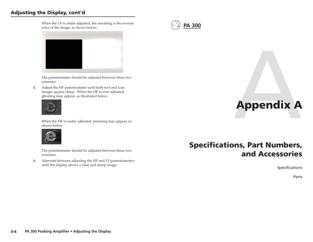 Extron electronic PA 300 user manual Speciﬁcations, Part Numbers Accessories, Adjusting the Display, cont’d 