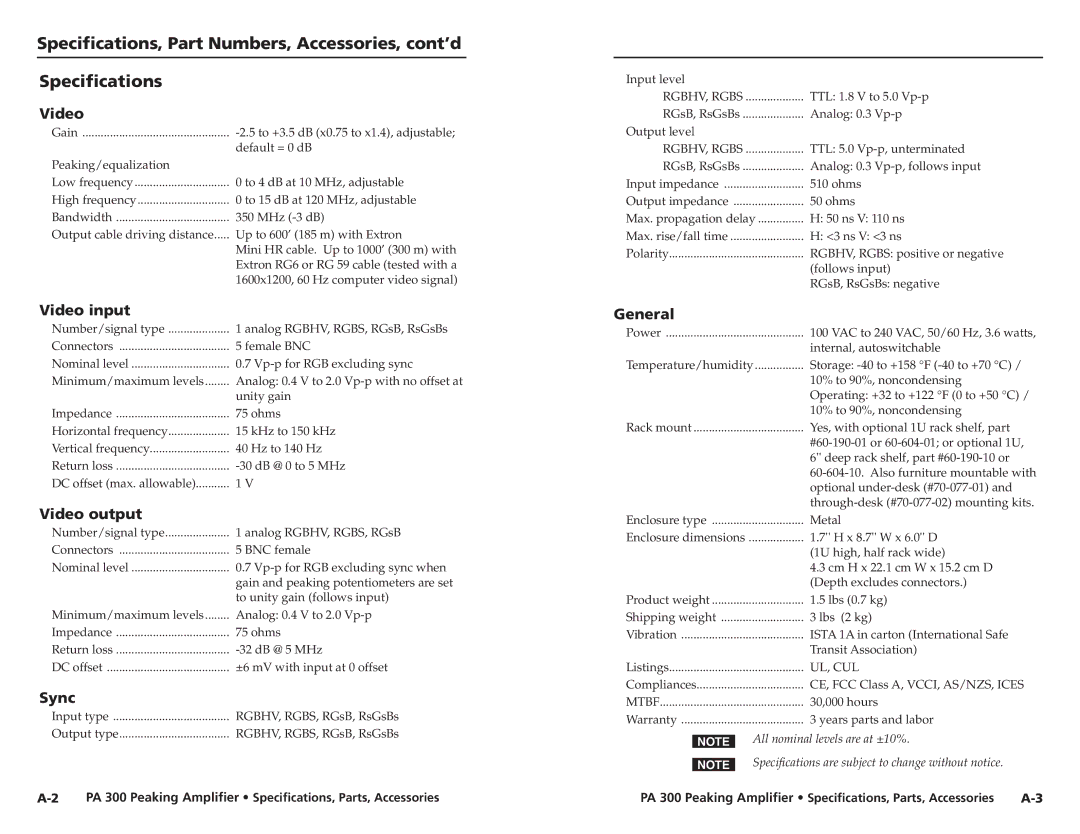 Extron electronic PA 300 user manual Speciﬁcations, Part Numbers, Accessories, cont’d 