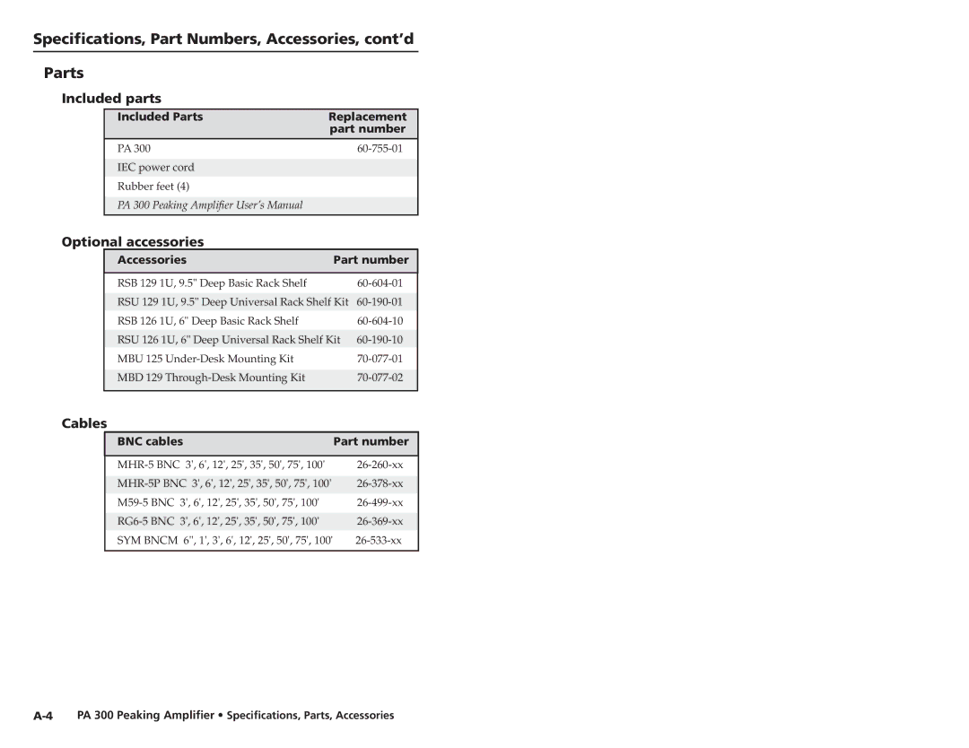 Extron electronic PA 300 Speciﬁcations, Part Numbers, Accessories, cont’d Parts, Included parts, Optional accessories 