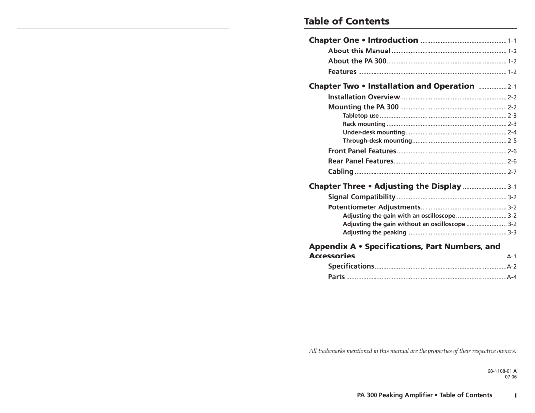 Extron electronic PA 300 user manual Table of Contents 