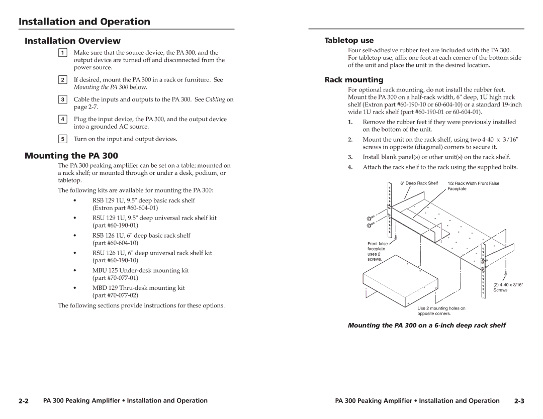 Extron electronic PA 300 Installation and Operation, Installation Overview, Mounting the PA, Tabletop use, Rack mounting 