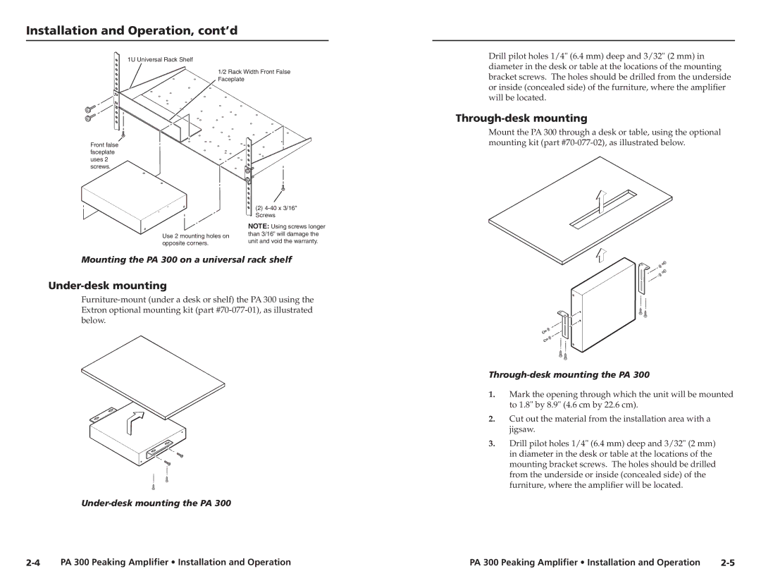 Extron electronic PA 300 user manual Installation and Operation, cont’d, Through-desk mounting, Under-desk mounting 