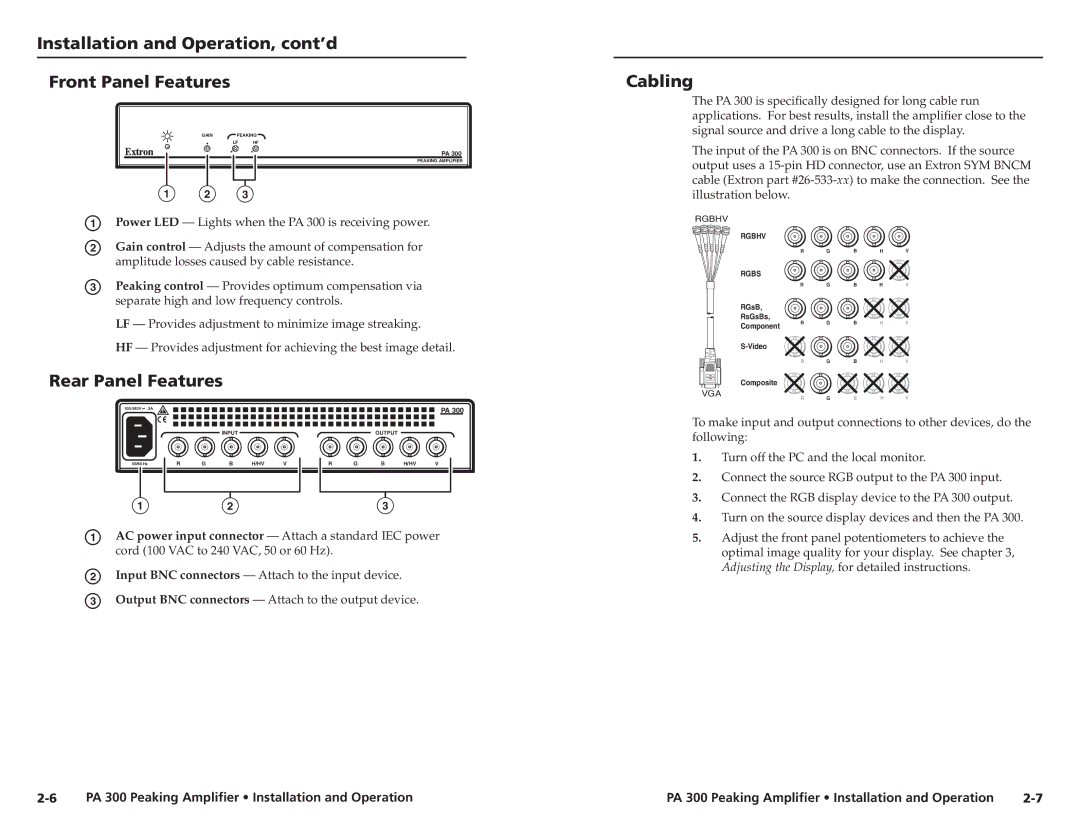 Extron electronic PA 300 user manual Installation and Operation, cont’d Front Panel Features, Cabling, Rear Panel Features 