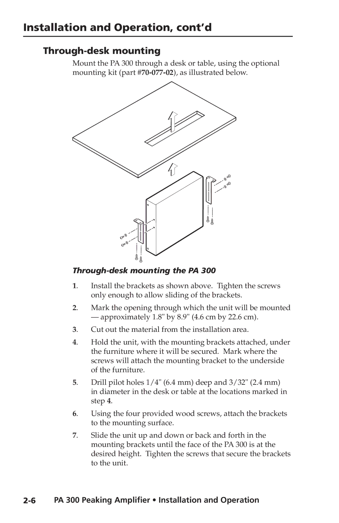 Extron electronic PA 300 user manual Through-desk mounting the PA 