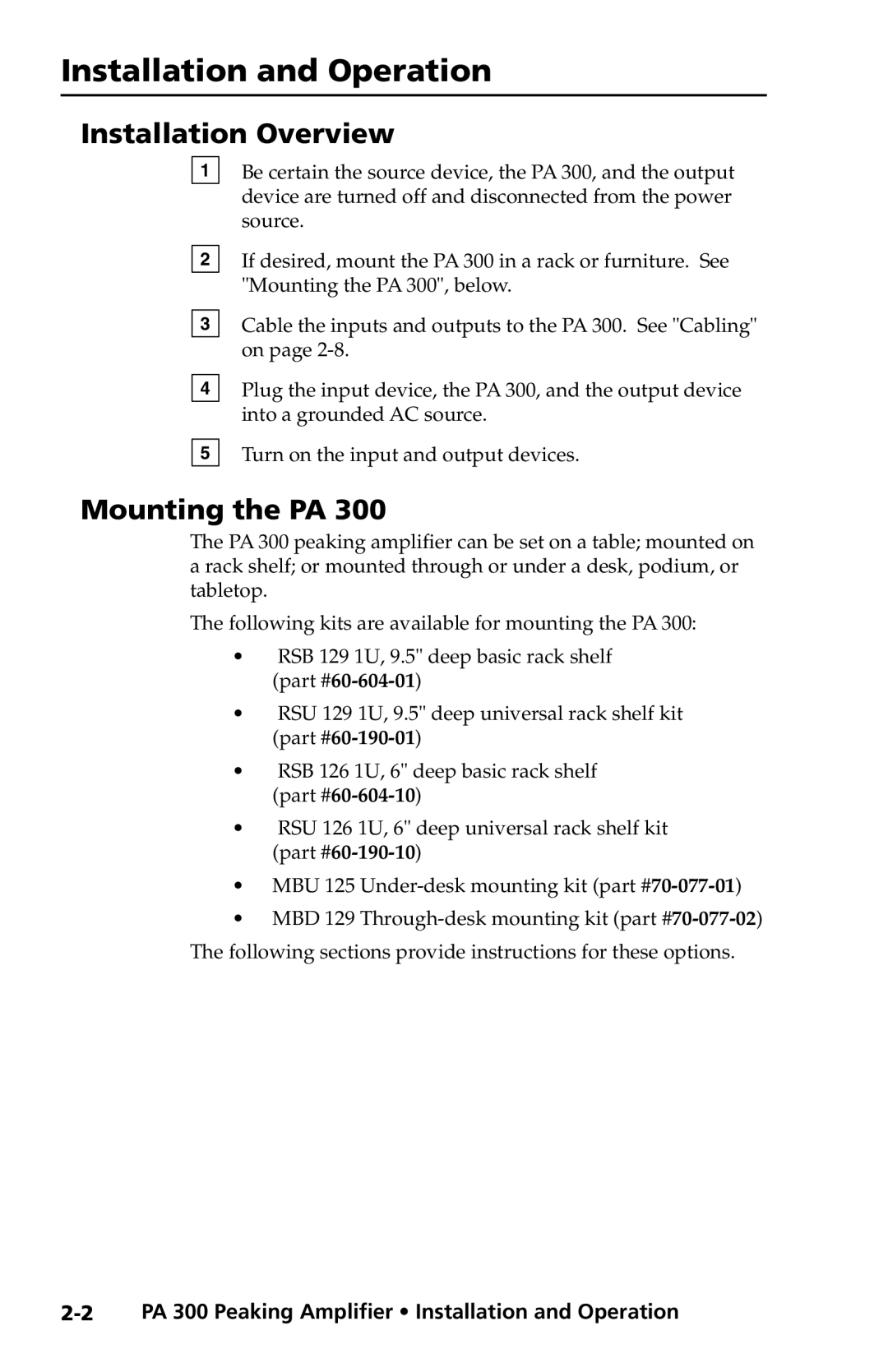 Extron electronic PA 300 user manual Installation and Operation, Installation Overview, Mounting the PA 