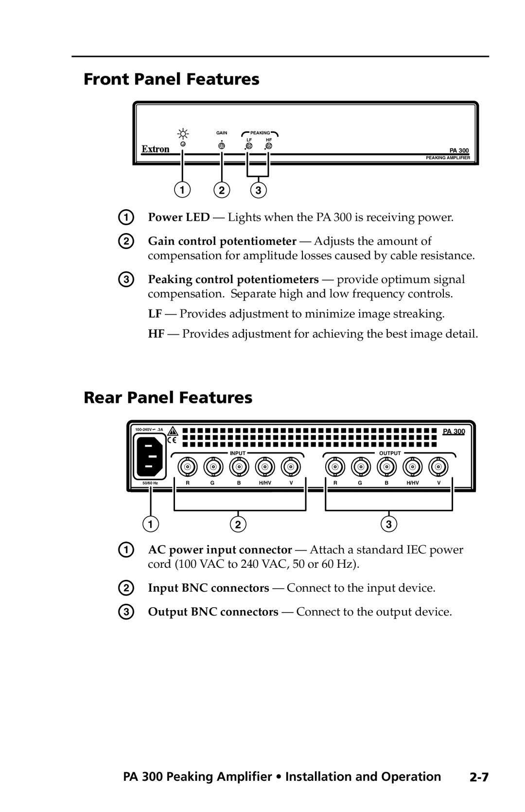 Extron electronic PA 300 user manual Front Panel Features, Rear Panel Features 