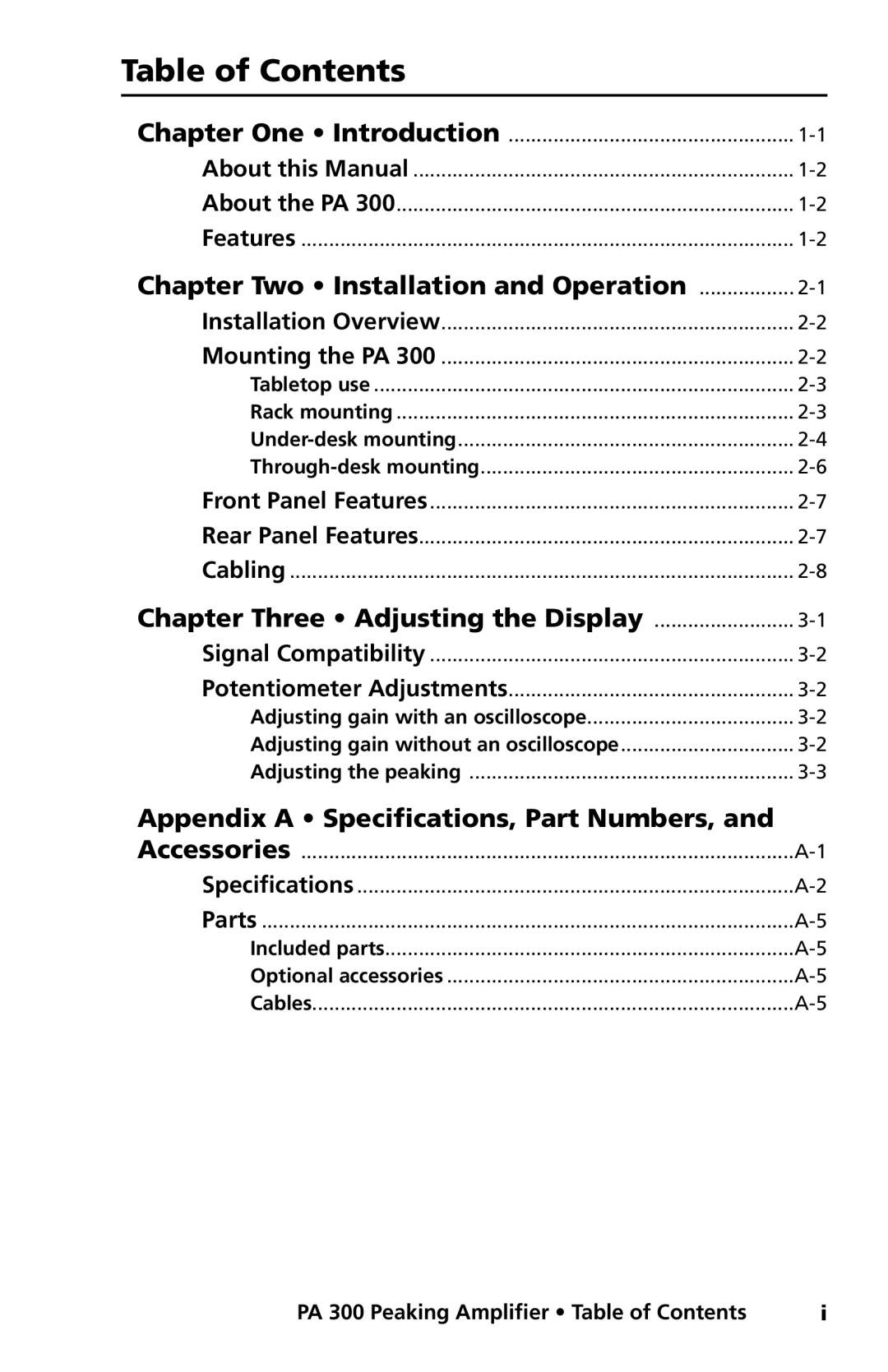 Extron electronic PA 300 Table of Contents, Chapter Two Installation and Operation, Chapter Three Adjusting the Display 