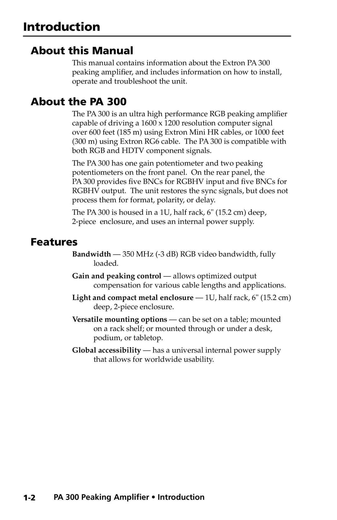Extron electronic user manual About this Manual, About the PA, Features, 1-2PA 300 Peaking Amplifier Introduction 