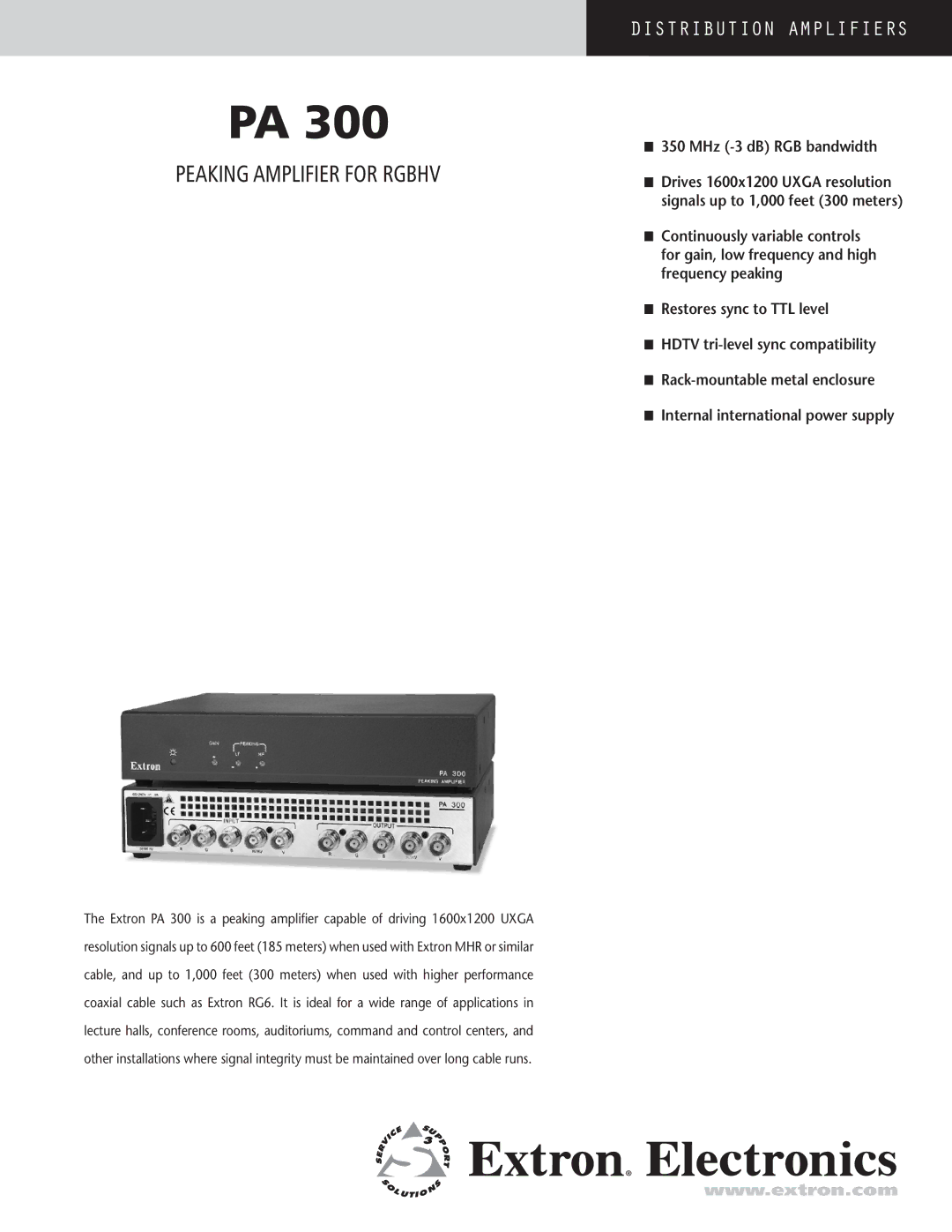 Extron electronic PA 300s manual Peaking Amplifier for Rgbhv, Distribution Amplifiers 