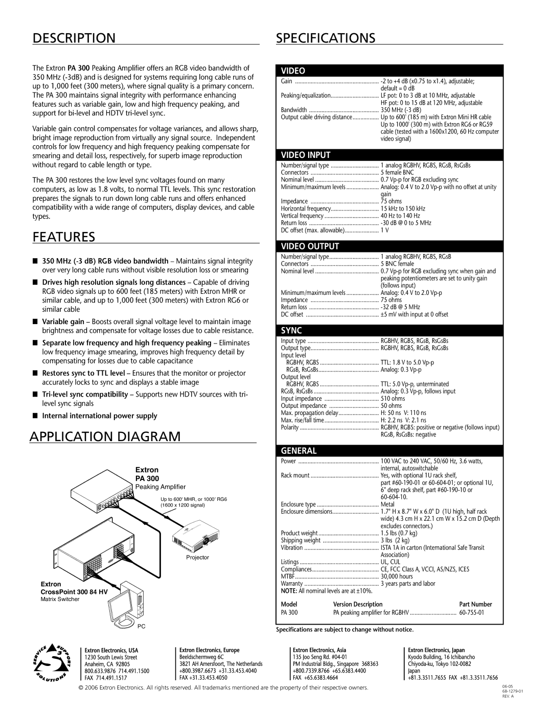 Extron electronic PA 300s manual DESCRIPTIONspecifications, Features, Application Diagram 